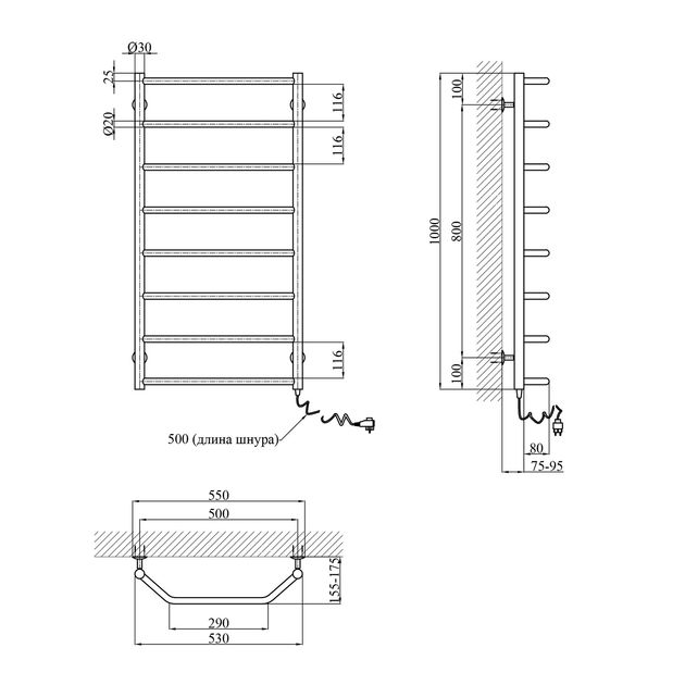 Полотенцесушитель електричний Kroner Трапеція ДТ18ER 1000х500/8 ER, фото , зображення 2 | SNABZHENIE.com.ua
