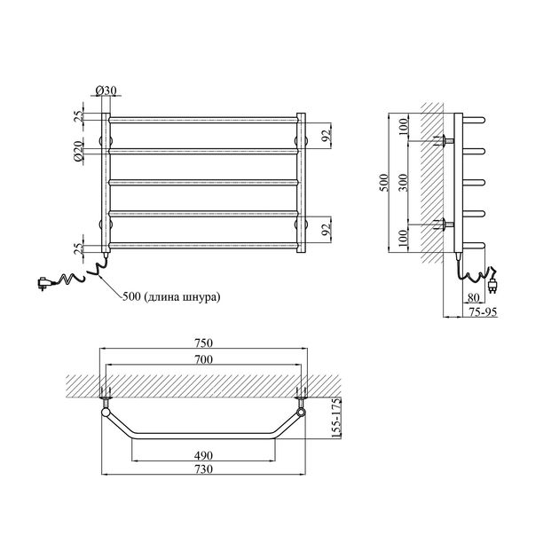 Полотенцесушитель електричний Kroner Трапеція ДТ19EL 500х700/5 EL, фото , зображення 2 | SNABZHENIE.com.ua