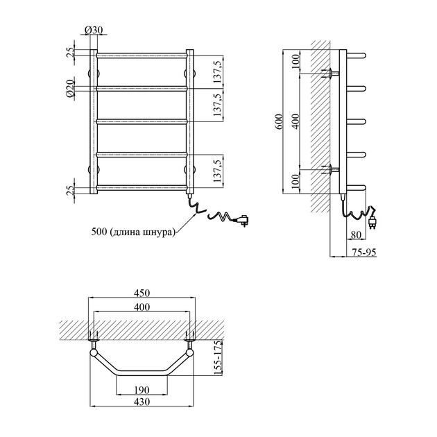 Полотенцесушитель электрический Kroner Трапеция 600x400/5 ER, фото , изображение 2 | SNABZHENIE.com.ua