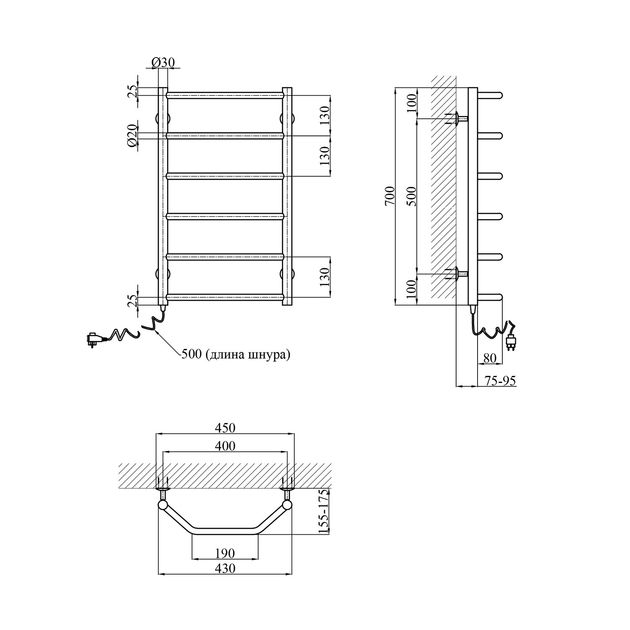 Полотенцесушитель електричний Kroner Трапеція ДТEL 700х400/6 EL, фото , зображення 2 | SNABZHENIE.com.ua