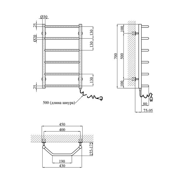 Полотенцесушитель електричний Kroner Трапеція ДТER 700х400/6 ER, фото , зображення 2 | SNABZHENIE.com.ua