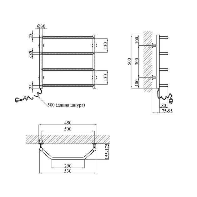Полотенцесушитель электрический Kroner Трапеция ДТ06EL 500х500/4, фото , изображение 2 | SNABZHENIE.com.ua
