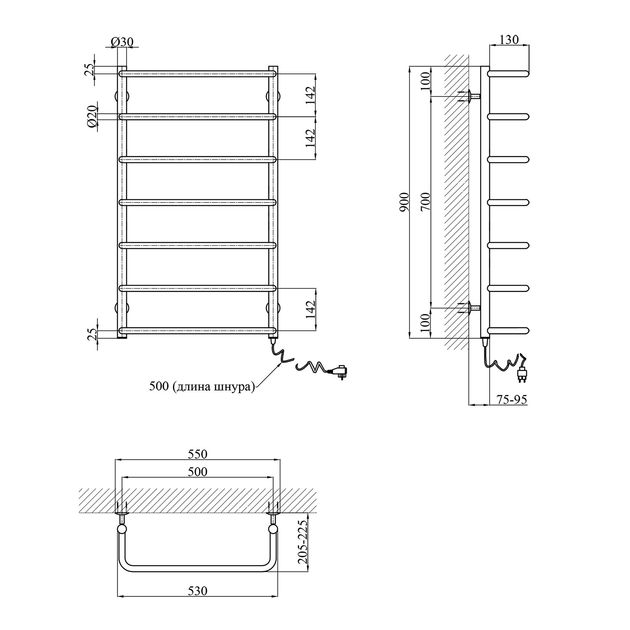 Полотенцесушитель електричний Kroner Скоба ДC12ER 900х500/7 ER, фото , зображення 2 | SNABZHENIE.com.ua