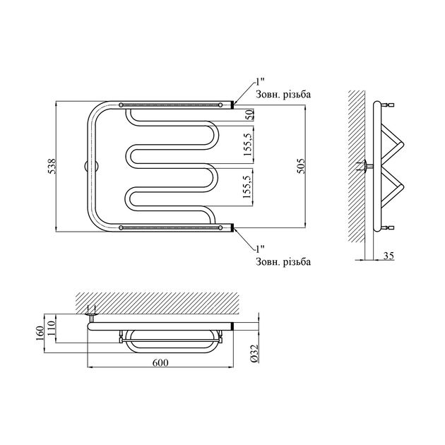 Полотенцесушитель водяний Kroner Фокстрот ФС03 530х600, фото , зображення 2 | SNABZHENIE.com.ua