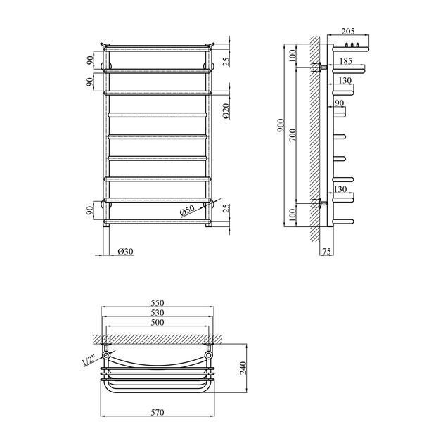 Полотенцесушитель водяной Kroner Канна ДК04 900х530, фото , изображение 2 | SNABZHENIE.com.ua