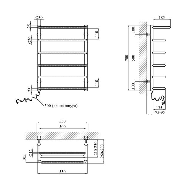 Полотенцесушитель електричний Kroner Скоба ДСп04EL 700x500/6 EL з полицею, фото , зображення 2 | SNABZHENIE.com.ua