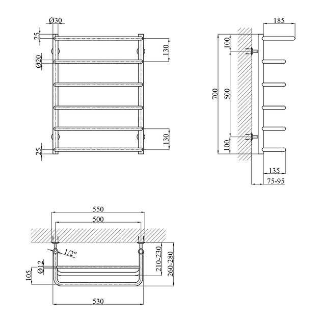 Полотенцесушитель водяний Kroner Скоба ДСп04 700х530/6 з полицею, фото , зображення 2 | SNABZHENIE.com.ua