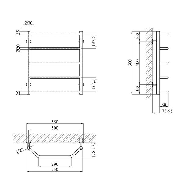 Полотенцесушитель водяной Kroner Трапеция ДТ08 600х530/5, фото , изображение 2 | SNABZHENIE.com.ua