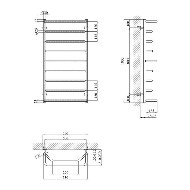 Полотенцесушитель водяний Kroner Микс ДМ09 1000х530/9, фото , зображення 2 | SNABZHENIE.com.ua