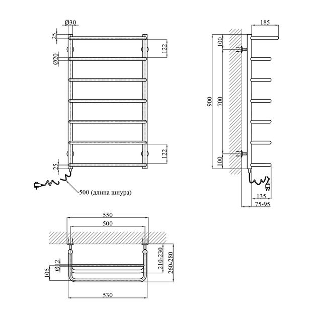 Полотенцесушитель електричний Kroner Скоба ДСп06EL 900x500/7 EL з полицею, фото , зображення 2 | SNABZHENIE.com.ua