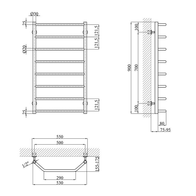 Полотенцесушитель водяной Kroner Трапеция 900х530/8, фото , изображение 2 | SNABZHENIE.com.ua