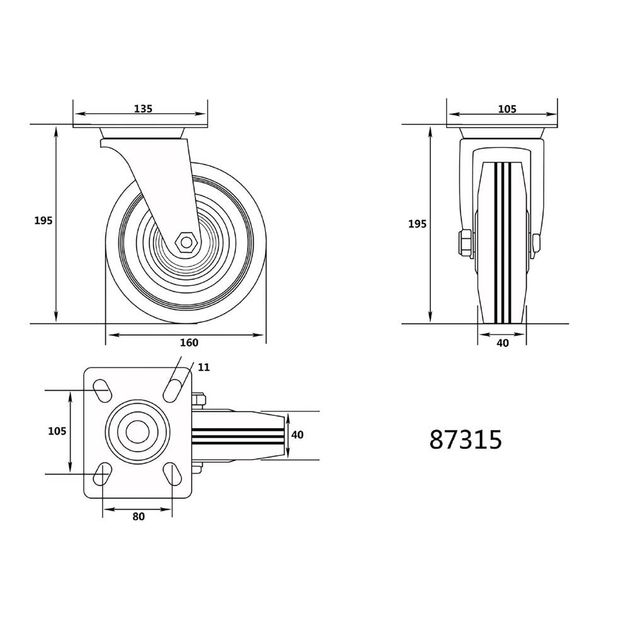 Колесо для тележки 160 мм, b = 40 мм VOREL з обертовою опорою; h = 195 мм, навантаження 130 кг (VO-87315), фото , зображення 2 | SNABZHENIE.com.ua