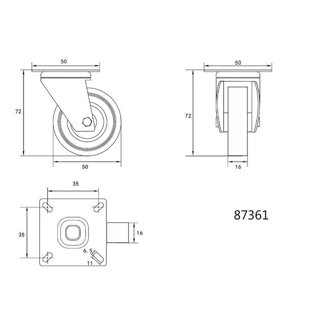Колесо тележки 50 мм, серая резина, вращающаяся опора, 20 кг, фото , изображение 2 | SNABZHENIE.com.ua