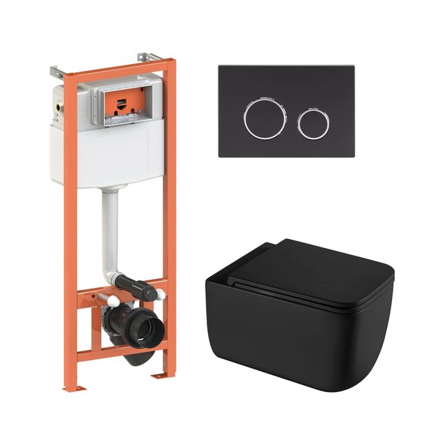 Комплект: Qtap Gemini Ultra Quiet унітаз підвісний QT2533076EUQMB + Nest комплект інсталяції 4в1 (Клавіша кругла Black mate) QT0133M425 + QT0111M11V1146MB, фото  | SNABZHENIE.com.ua