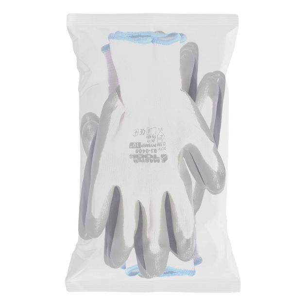 Перчатки трикотажные бесшовные MASTERTOOL, нитрил, 10-12 пар, бело-серые, фото , изображение 2 | SNABZHENIE.com.ua