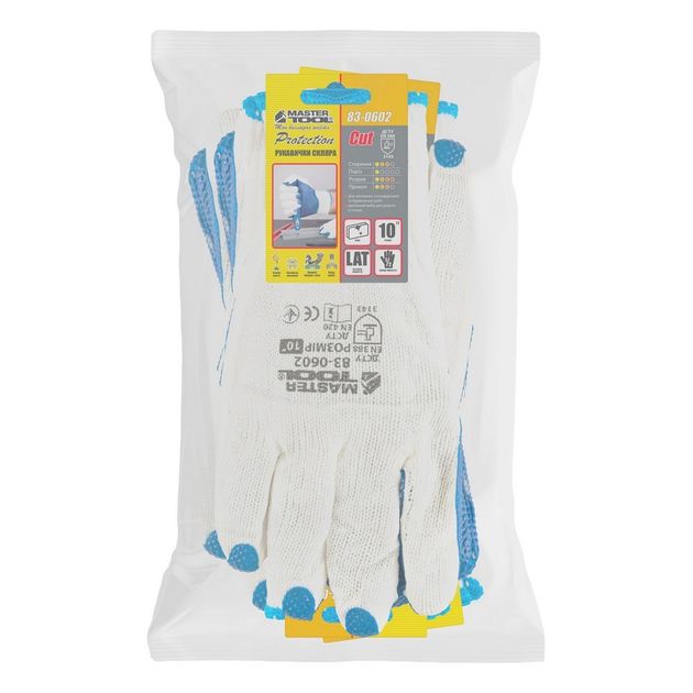 Перчатки хлопчатобумажні в'язані MASTERTOOL з латексним покриттям долоні 10.5, підвіс 12 пар, біло-сині, фото , зображення 2 | SNABZHENIE.com.ua