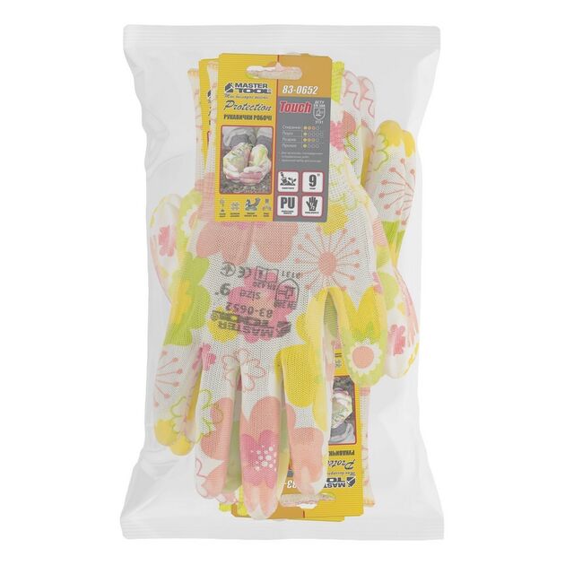 Перчатки бесшовні трикотажні MASTERTOOL Мальва з поліуретановим покриттям долоні 9 17-20 г підвіс 12 пар, фото , зображення 2 | SNABZHENIE.com.ua