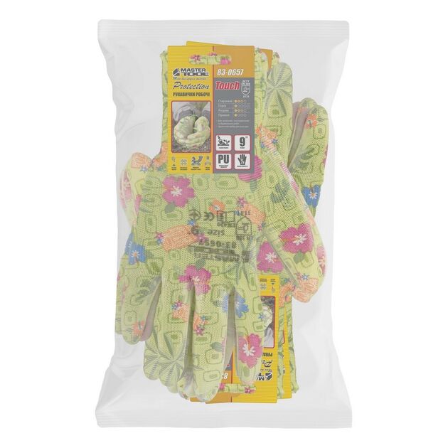 Перчатки трикотажні безшовні MASTERTOOL Хризантема з поліуретановим покриттям долоні 9 17-20 г підвіс 12, фото , зображення 2 | SNABZHENIE.com.ua