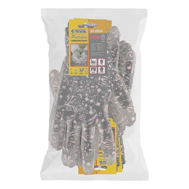 Перчатки бесшовні трикотажні MASTERTOOL Орхідея з поліуретановим покриттям долоні 9 17-20 г підвіс 12 пар, фото , зображення 2 | SNABZHENIE.com.ua