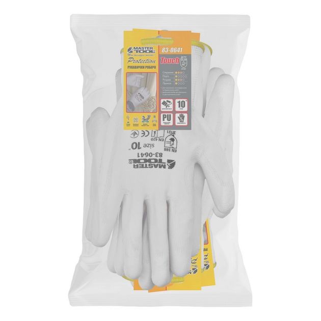 Перчатки трикотажные MASTERTOOL с полиуретаном, 12 пар, белые, фото , изображение 2 | SNABZHENIE.com.ua