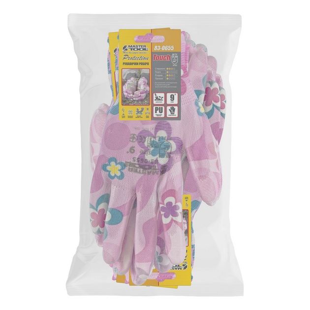 Перчатки бесшовні трикотажні MASTERTOOL Фіалка з поліуретановим покриттям долоні 9 17-20 г підвіс 12 пар, фото , зображення 2 | SNABZHENIE.com.ua