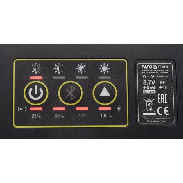 Переносной светильник YATO 3,7 В, Li-Ion, 2000 Лм, 2 динамика по 15 Вт, USB., фото , изображение 5 | SNABZHENIE.com.ua