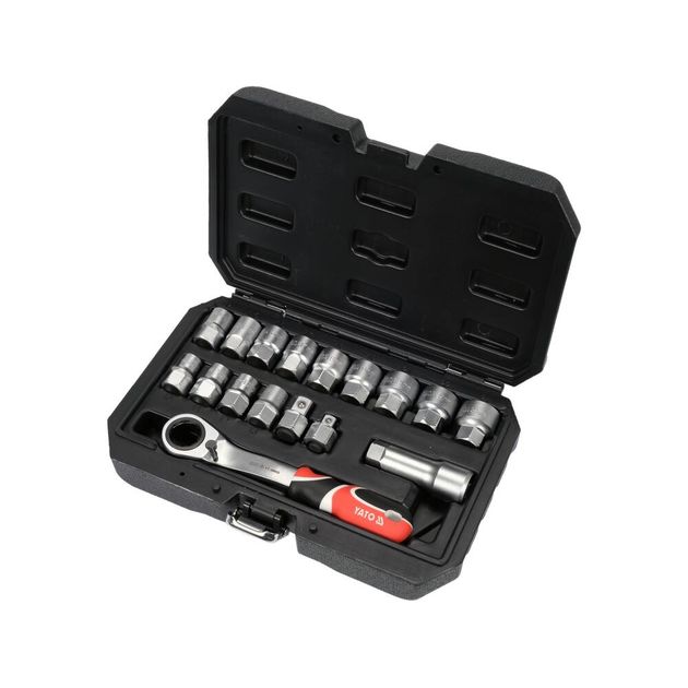 Набір головок торцевих наскрізних SPLINE YATO: квадрат 3/8 і 1/2, М10-М24 з храповим воротком, фото , зображення 2 | SNABZHENIE.com.ua