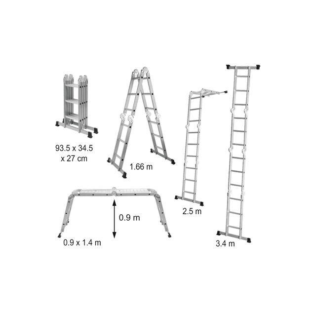 Драбина розкладна VOREL : 4 секції x 3 сходини, h=3.4 м, 94х35х27 см, алюміній+сталь [1], фото , зображення 8 | SNABZHENIE.com.ua