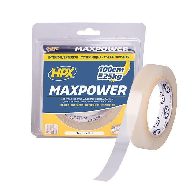 MAXPOWER - 25мм x 5м - прозрачная двусторонняя лента HPX для тяжёлых нагрузок, фото  | SNABZHENIE.com.ua