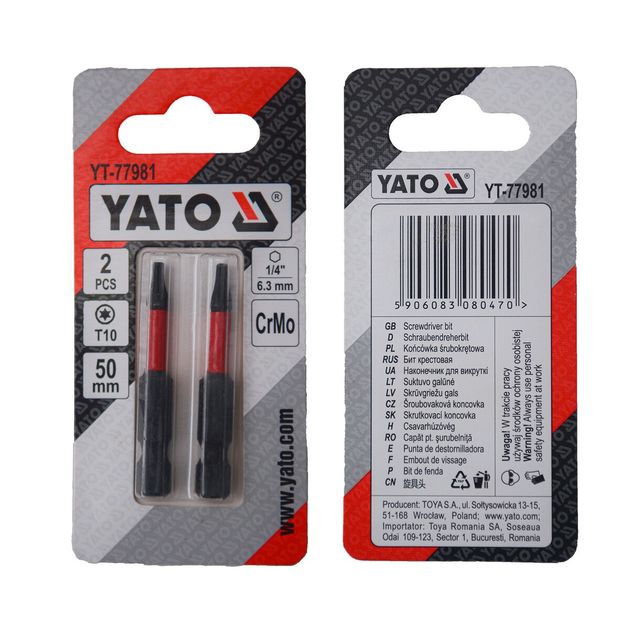 Насадка YATO TORX T10 х 50 мм HEX 1/4, хром-молібден, 2 шт., фото  | SNABZHENIE.com.ua
