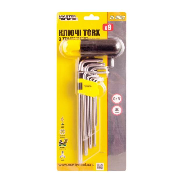 Ключи TORX с держателем MASTERTOOL T10/T50, 9 шт, 90/227 мм, фото , изображение 2 | SNABZHENIE.com.ua