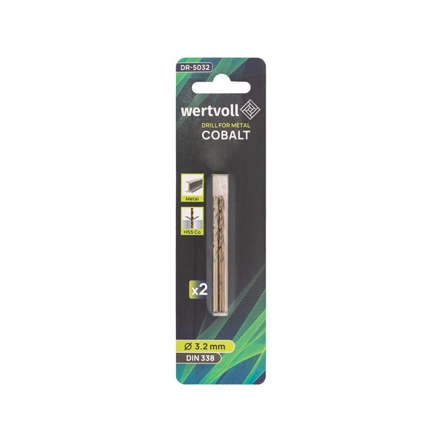 Сверло для металу WERTVOLL HSS 3.2х65 мм COBALT DIN 338 набір 2 шт DR-5032, фото , зображення 3 | SNABZHENIE.com.ua