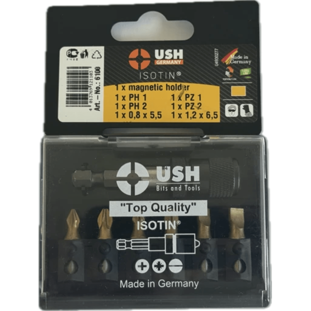 Набір насадок викруткових Isotin USH: 1/4", PH1, PH2, PZ1, PZ2, SL5.5, SL6.5 магнітний тримач, 7 ел., фото  | SNABZHENIE.com.ua