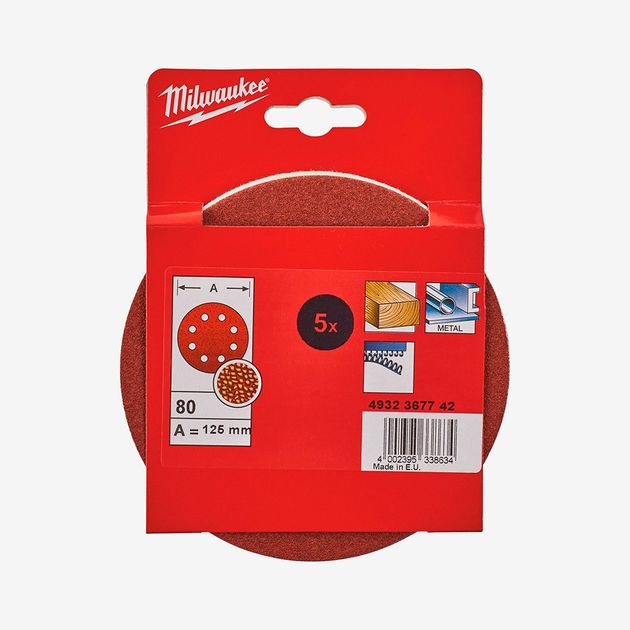Круг шлифовальный 8 отв. MILWAUKEE, Ø125мм, зерно 80 (5шт), фото , изображение 2 | SNABZHENIE.com.ua