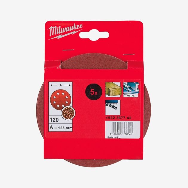 Шлифовальный круг 8 отв. MILWAUKEE, Ø125мм, зерно 120, 5шт, фото , изображение 2 | SNABZHENIE.com.ua