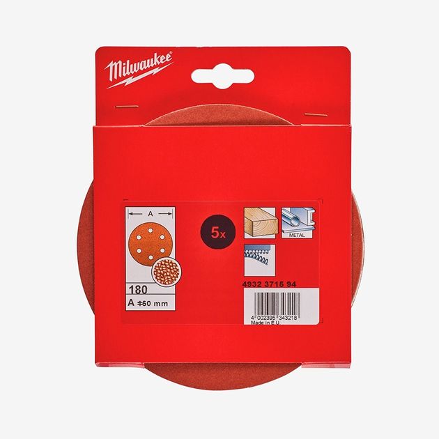 Круг шліфувальний MILWAUKEE 150мм, 6 отв., зерно 180 (5шт), фото , изображение 2 | SNABZHENIE.com.ua
