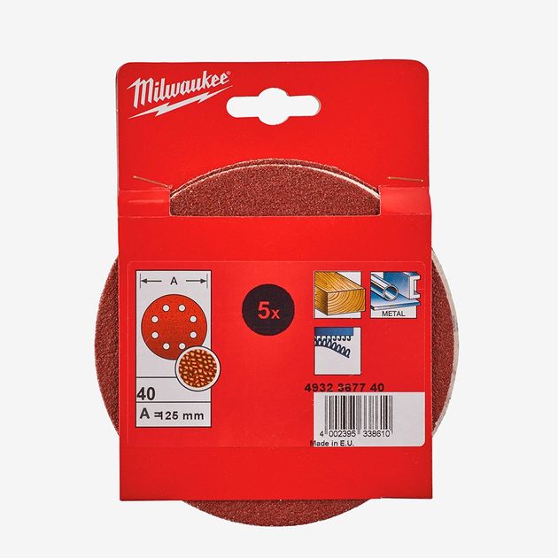 Шлифовальный круг 8 отв. MILWAUKEE, Ø125мм, зерно 40, 5шт, фото , изображение 2 | SNABZHENIE.com.ua