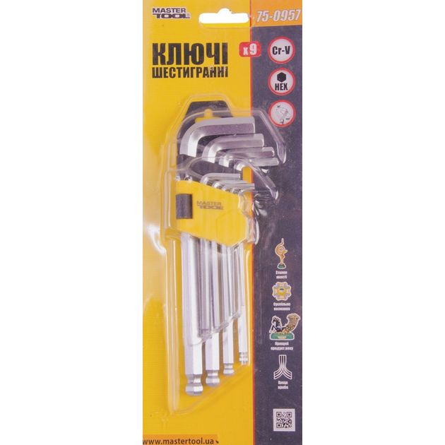 Ключи шестигранные с шариком MASTERTOOL CrV 1,5-10 мм набор 9 шт 75-0957, фото , изображение 2 | SNABZHENIE.com.ua
