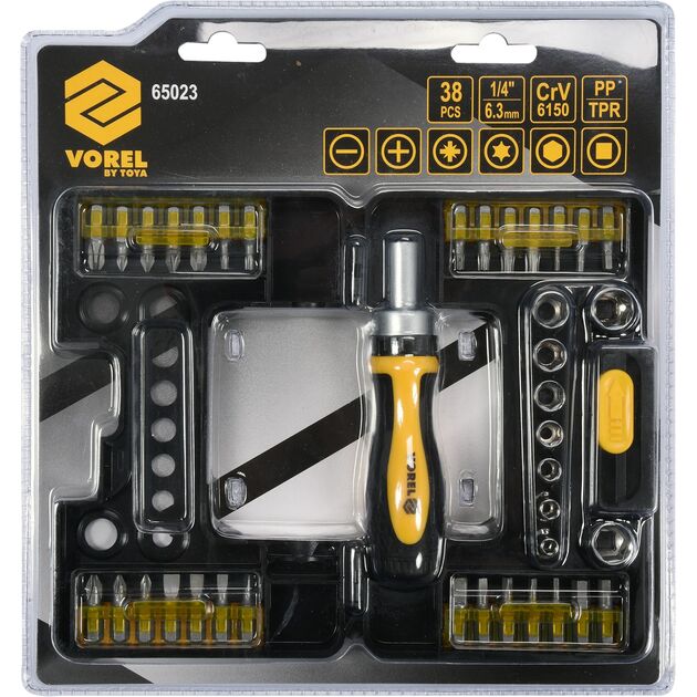 Реверсивная отвертка VOREL с насадками и головками 1/4, 38 элем., фото , изображение 3 | SNABZHENIE.com.ua