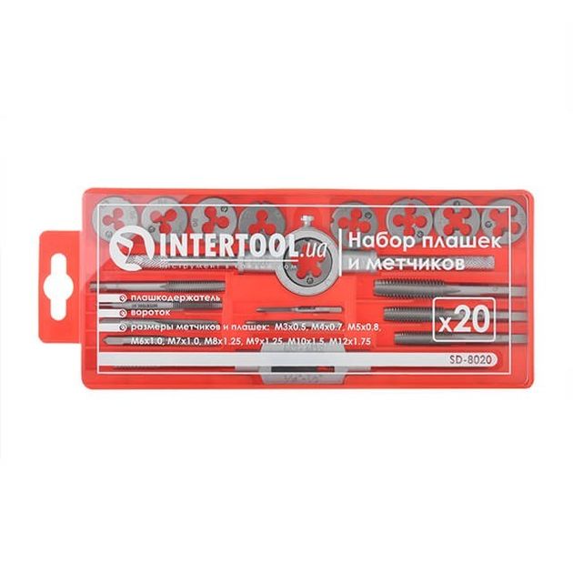 Набор плашек и метчиков M3-M12, 20 ед. INTERTOOL SD-8020, фото  | SNABZHENIE.com.ua