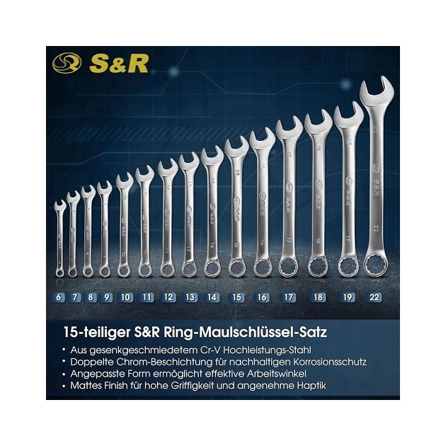 Набор комбинированных гаечных ключей S&R 15 шт (6-22 мм), фото , изображение 10 | SNABZHENIE.com.ua Набор комбинированных гаечных ключей S&R 15 шт (6-22 мм), фото , изображение 10 | SNABZHENIE.com.ua