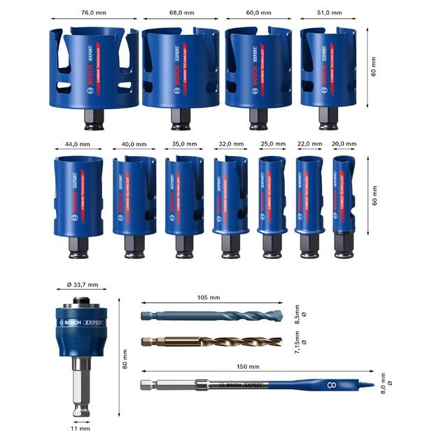 Набір коронок EXPERT Construction Material, 20/22/25/32/35/40/44/51/60/68/76 мм, 15 шт. BOSCH, фото , зображення 5 | SNABZHENIE.com.ua Набір коронок EXPERT Construction Material, 20/22/25/32/35/40/44/51/60/68/76 мм, 15 шт. BOSCH, фото , зображення 5 | SNABZHENIE.com.ua