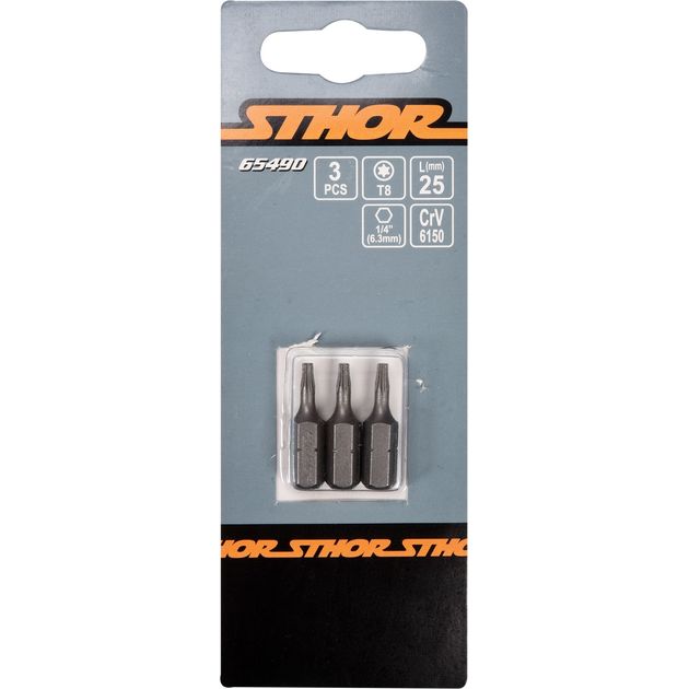 Насадка STHOR TORX T8 x 25 мм, HEX 1/4, Cr-V, 3 шт (VO-65490), фото , изображение 2 | SNABZHENIE.com.ua