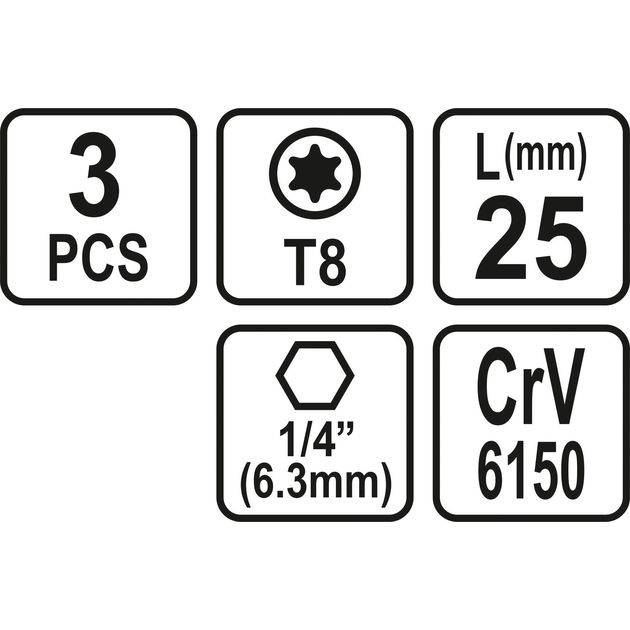 Насадка STHOR TORX T8 x 25 мм, HEX 1/4, Cr-V, 3 шт (VO-65490), фото , изображение 3 | SNABZHENIE.com.ua