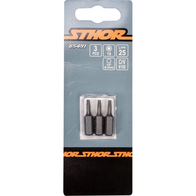 Насадка отверточная STHOR, TORX T9 x 25 мм, HEX 1/4, 3 шт, фото , изображение 2 | SNABZHENIE.com.ua