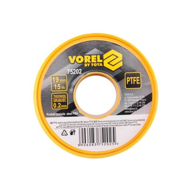 Фум-стрічка VOREL тефлонова ущільнююча, 15 м, 19 мм, 0,2 мм, фото  | SNABZHENIE.com.ua