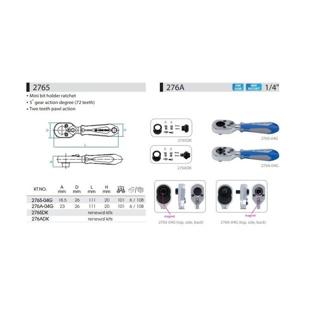 Трещотка 1/4" мини 72 зуба с битодержателем, 108 мм (276A-04G), фото , изображение 2 | SNABZHENIE.com.ua