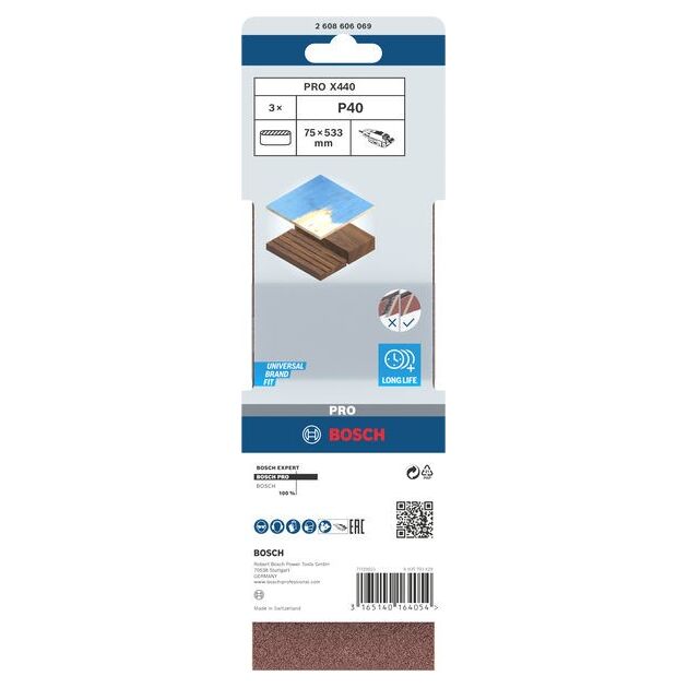 Набор шлифовальных лент X440, 75 x 533 мм, 40, 3 шт. BOSCH, фото , изображение 2 | SNABZHENIE.com.ua Набор шлифовальных лент X440, 75 x 533 мм, 40, 3 шт. BOSCH, фото , изображение 2 | SNABZHENIE.com.ua