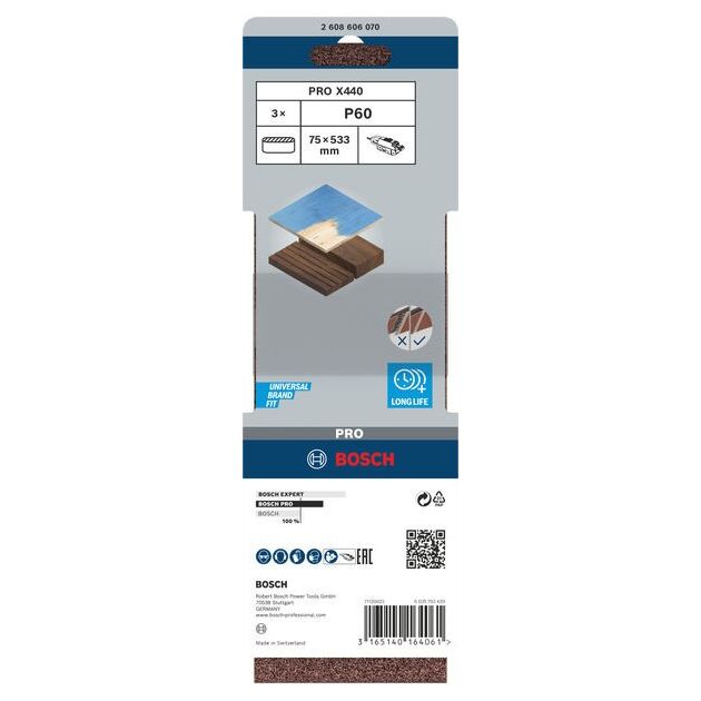 Набор шлифовальных лент X440, 75 x 533 мм, 60, 3 шт. BOSCH, фото , изображение 2 | SNABZHENIE.com.ua Набор шлифовальных лент X440, 75 x 533 мм, 60, 3 шт. BOSCH, фото , изображение 2 | SNABZHENIE.com.ua
