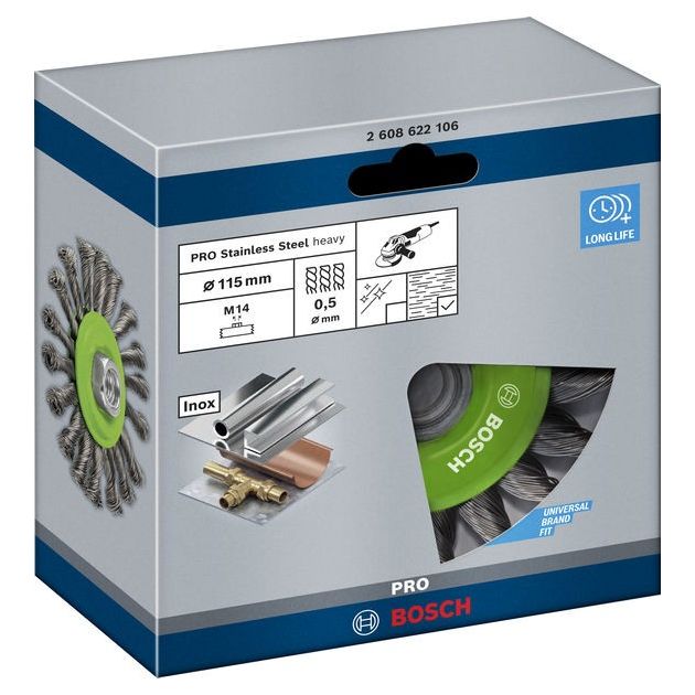 Кольцева щітка 115 мм x 0,5 жгутова з нержавіючої проволоки М14 BOSCH (2608622106), фото , зображення 2 | SNABZHENIE.com.ua Кольцева щітка 115 мм x 0,5 жгутова з нержавіючої проволоки М14 BOSCH (2608622106), фото , зображення 2 | SNABZHENIE.com.ua